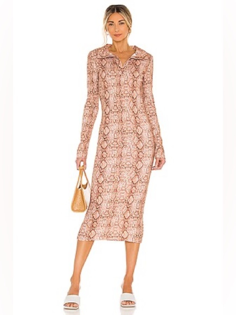 LOVERS + FRIENDS Brown Snake Print Long Sleeve Collared Midi Dress Sz S